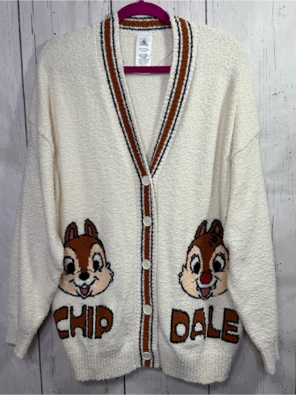 Disney Chip & Dale Cream L Oversized Fuzzy Cardigan Sweater Cottagecore Cozy